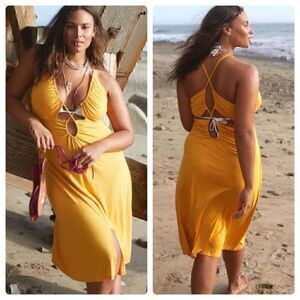 New Anthropologie Yellow Slit Front Sexy Dress Sz. 2X